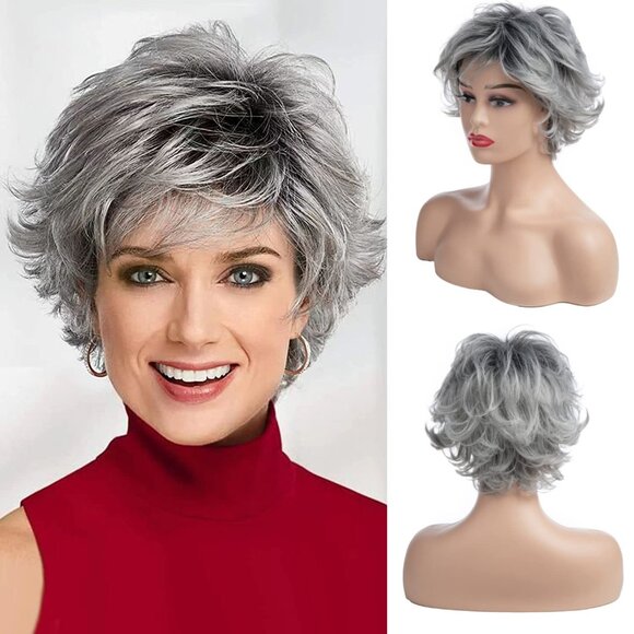 NEW RicHyun Short Grey Curly Layered Wig, Ombre Silver Grey Short Fluffy - Picture 1 of 1